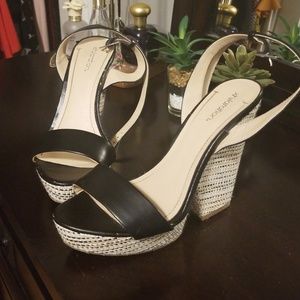 Black and patterned, strappy wedges